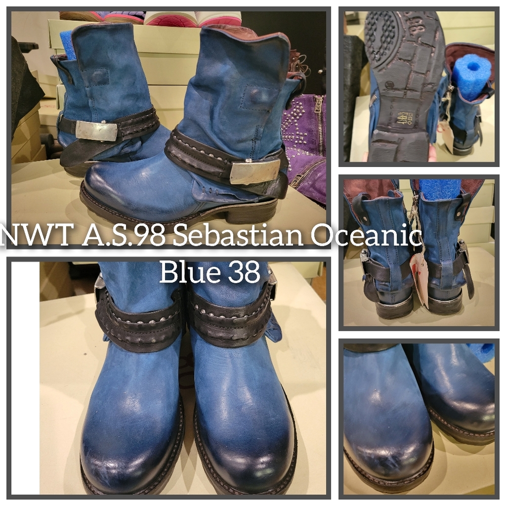 A.S.98 Oceanic Blue Sebastian  Leather Boots with Black Accents 38